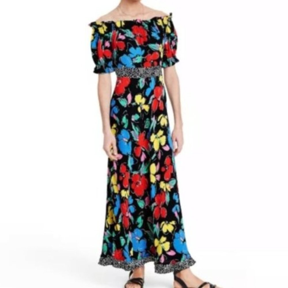RIXO for Target Black Floral Off the Shoulder Puff Sleeve Maxi Dress | Size 2